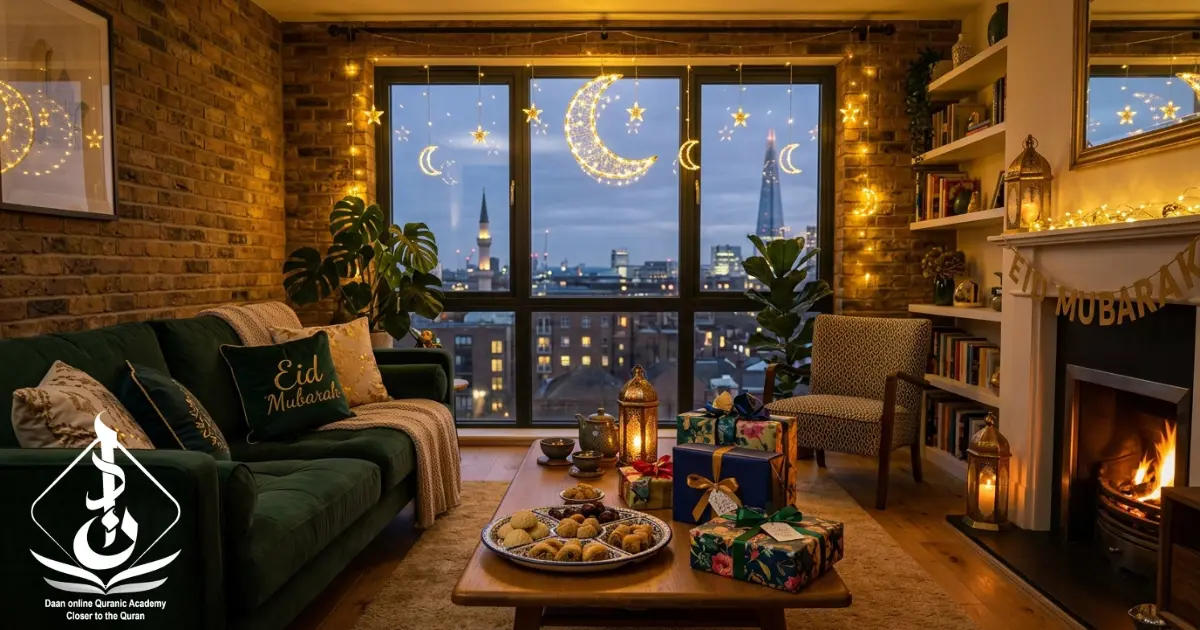Eid celebration in the West — beautifully decorated Muslim home with lanterns crescents and warm lights representing how to make Eid special for Muslim families in Western societies