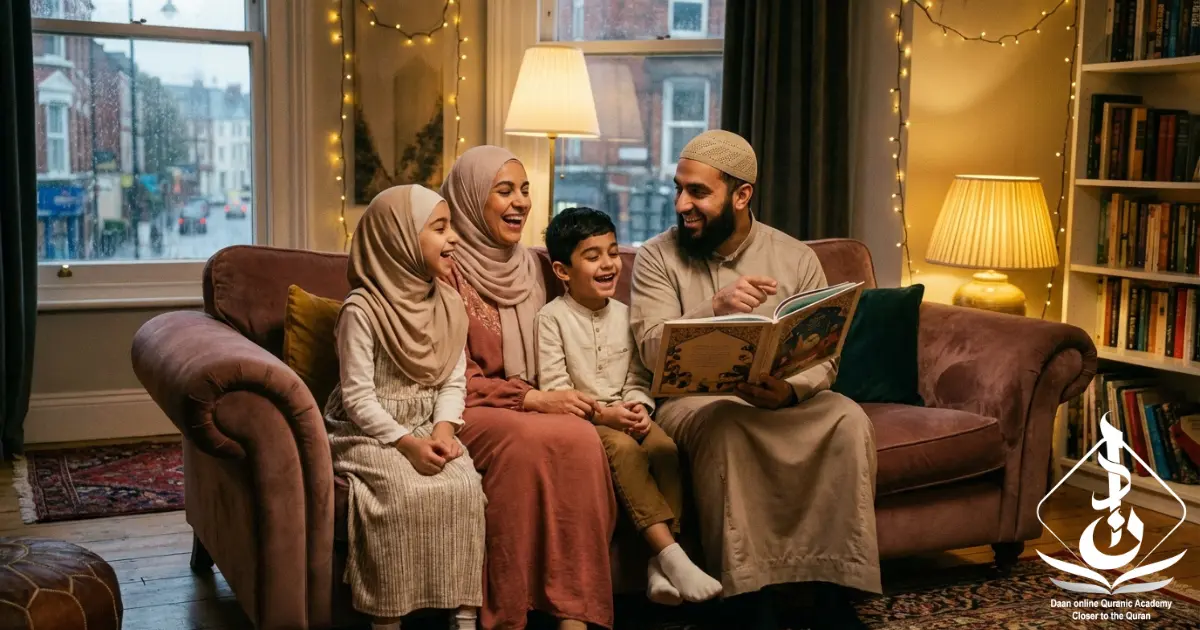 Muslim identity in Western societies — young Muslim child learning Quran with parent representing positive Islamic identity formation at home