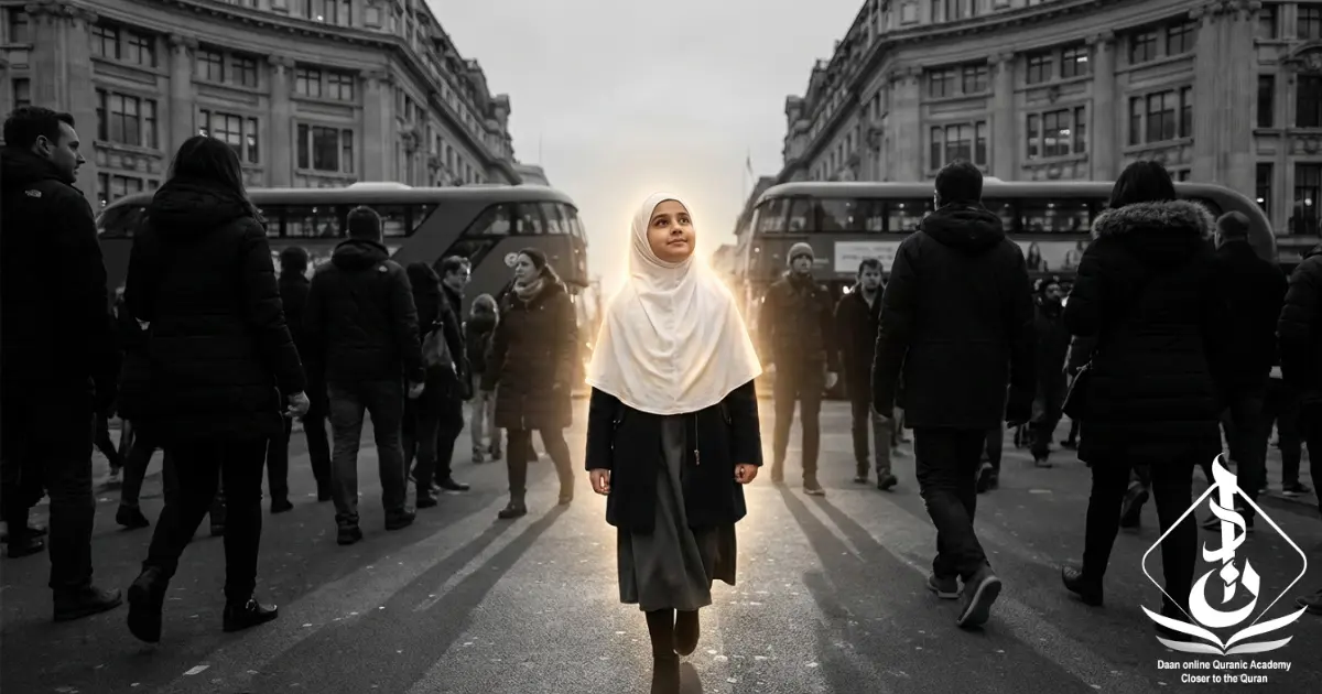 building Muslim identity in Western societies — Muslim child reading Quran with confidence representing Islamic pride and positive identity formation