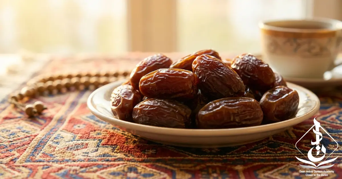 Sunnahs of Eid morning — dates and water arranged on a wooden surface representing the Eid Al-Fitr Sunnah of eating before prayer