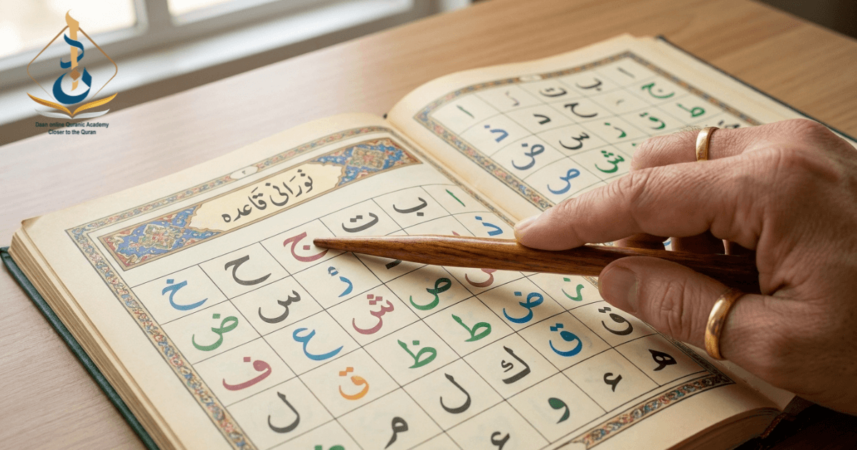 learn noorani qaida — open Noorani Qaida book showing Arabic letters and vowel marks for beginners
