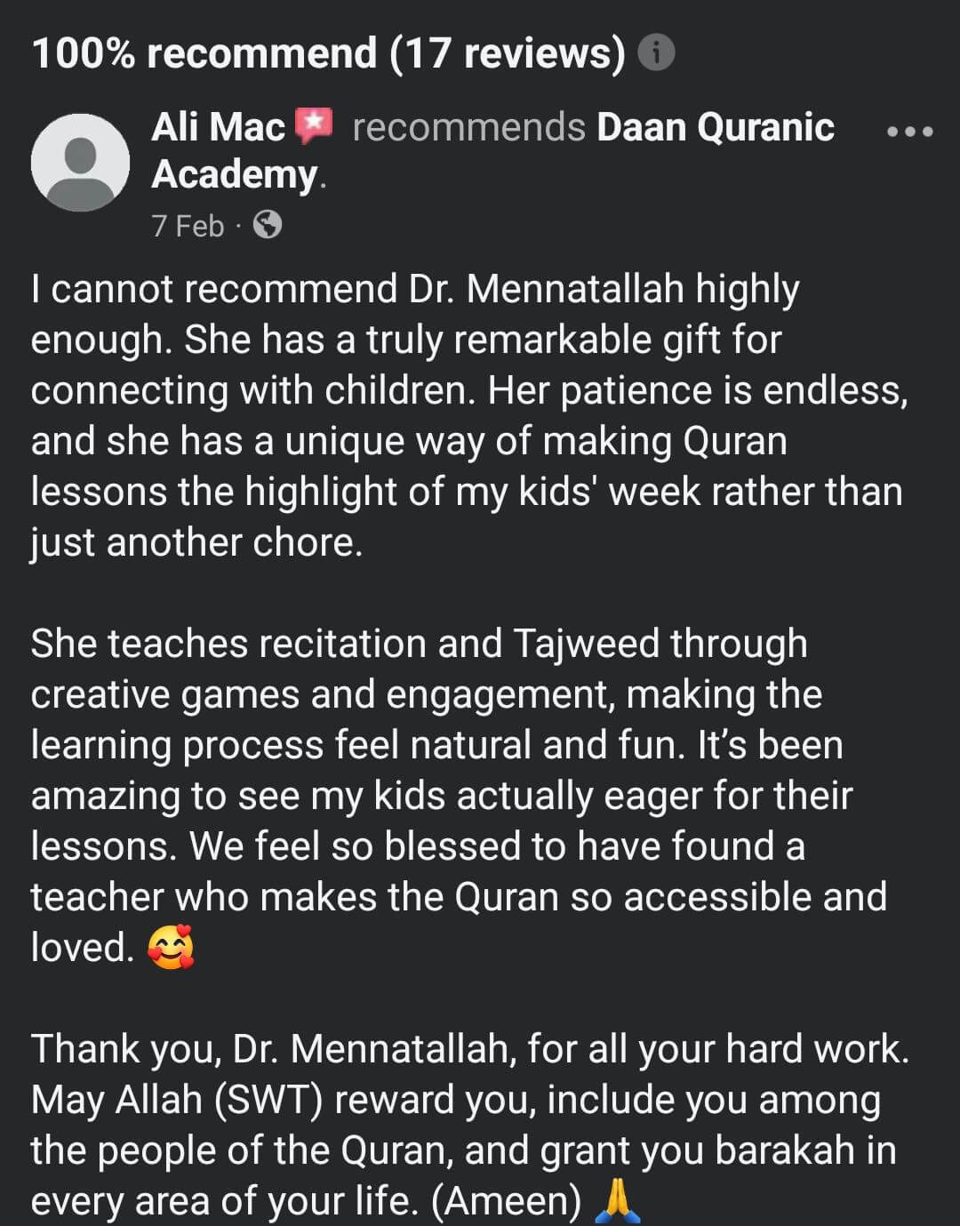 Parent review praising Daan Quranic Academy classes