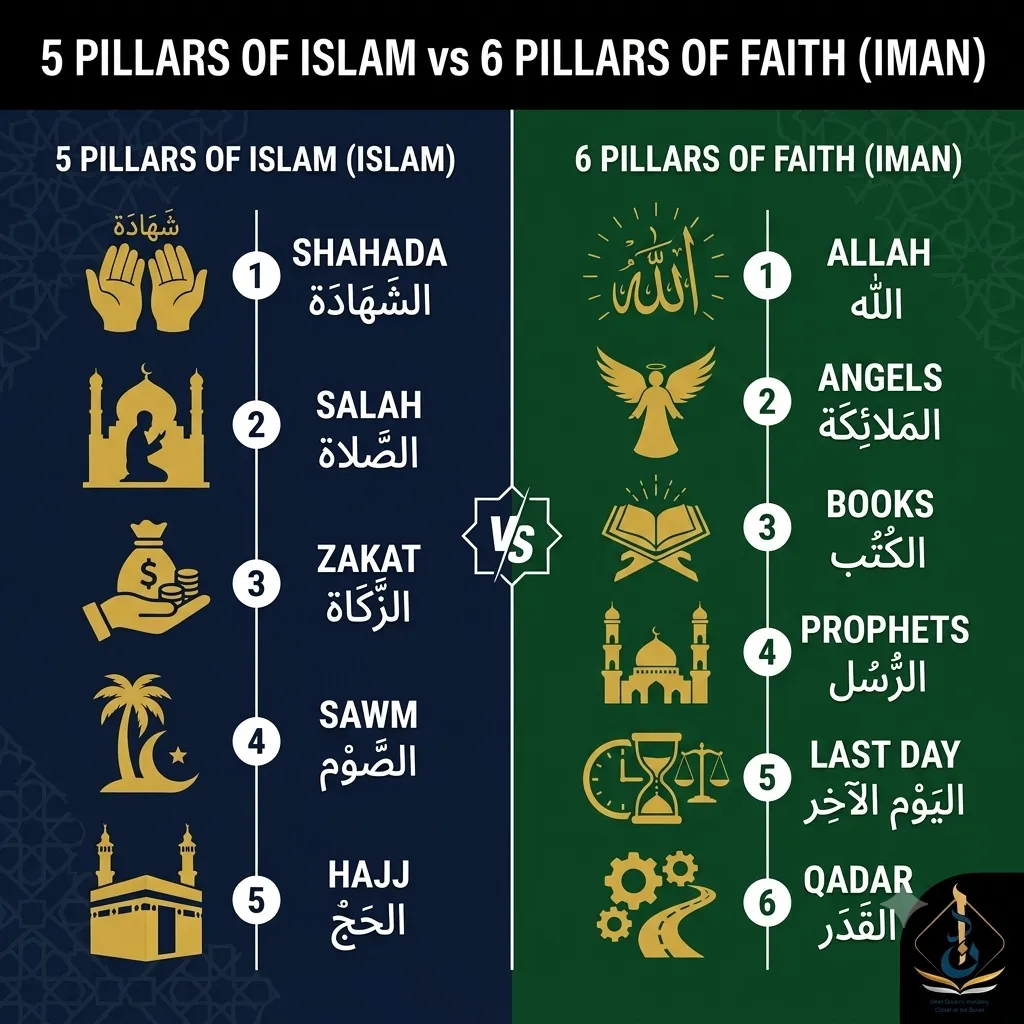 5 pillars of Islam vs pillars of faith comparison infographic — showing the difference between the pillars of Islam and the pillars of Iman