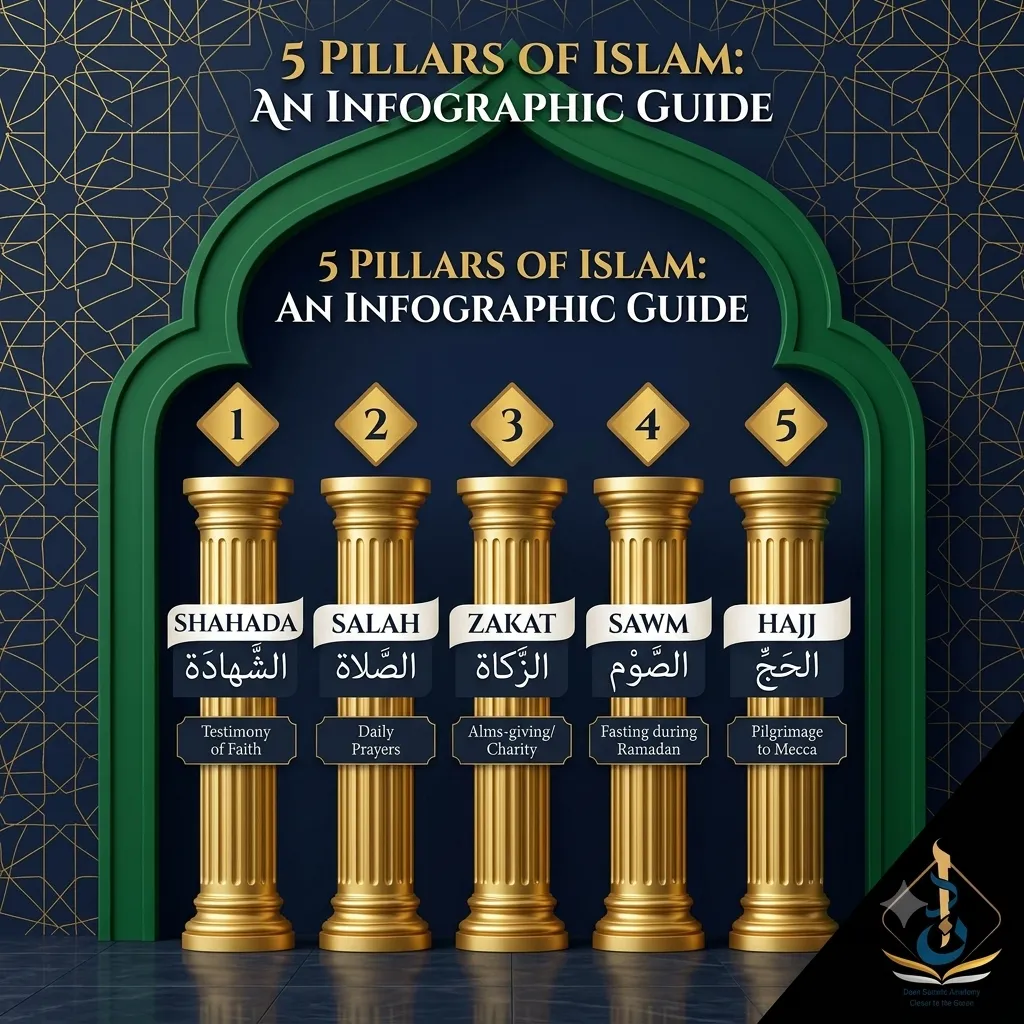 5 pillars of Islam — infographic showing Shahada, Salah, Zakat, Sawm and Hajj with Arabic and English labels