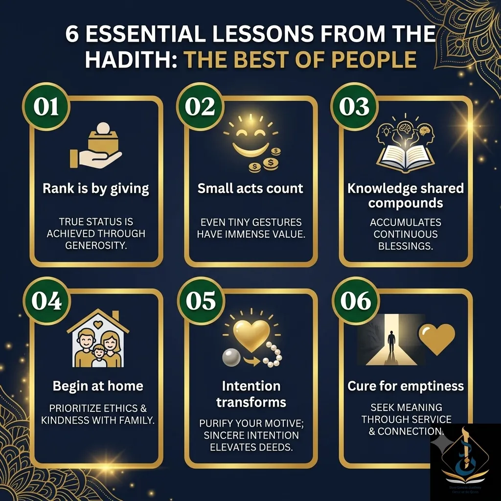 six lessons from the best of people are those most beneficial to people hadith — Islamic character infographic