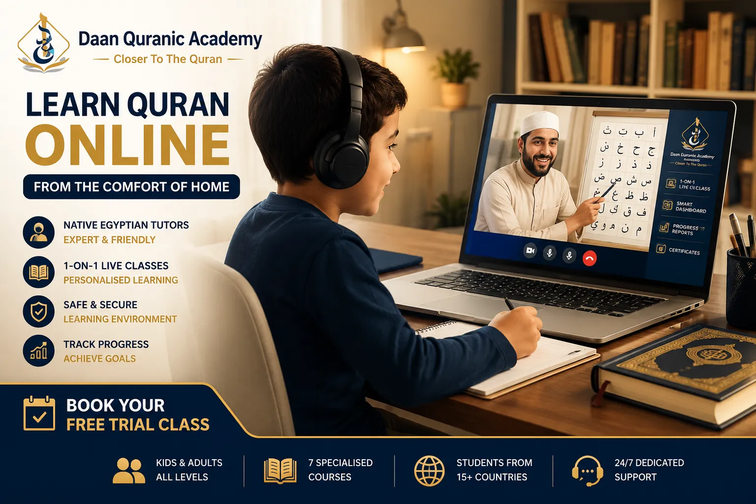 best online Quran classes for kids — young student learning Arabic letters with native Egyptian tutor on screen