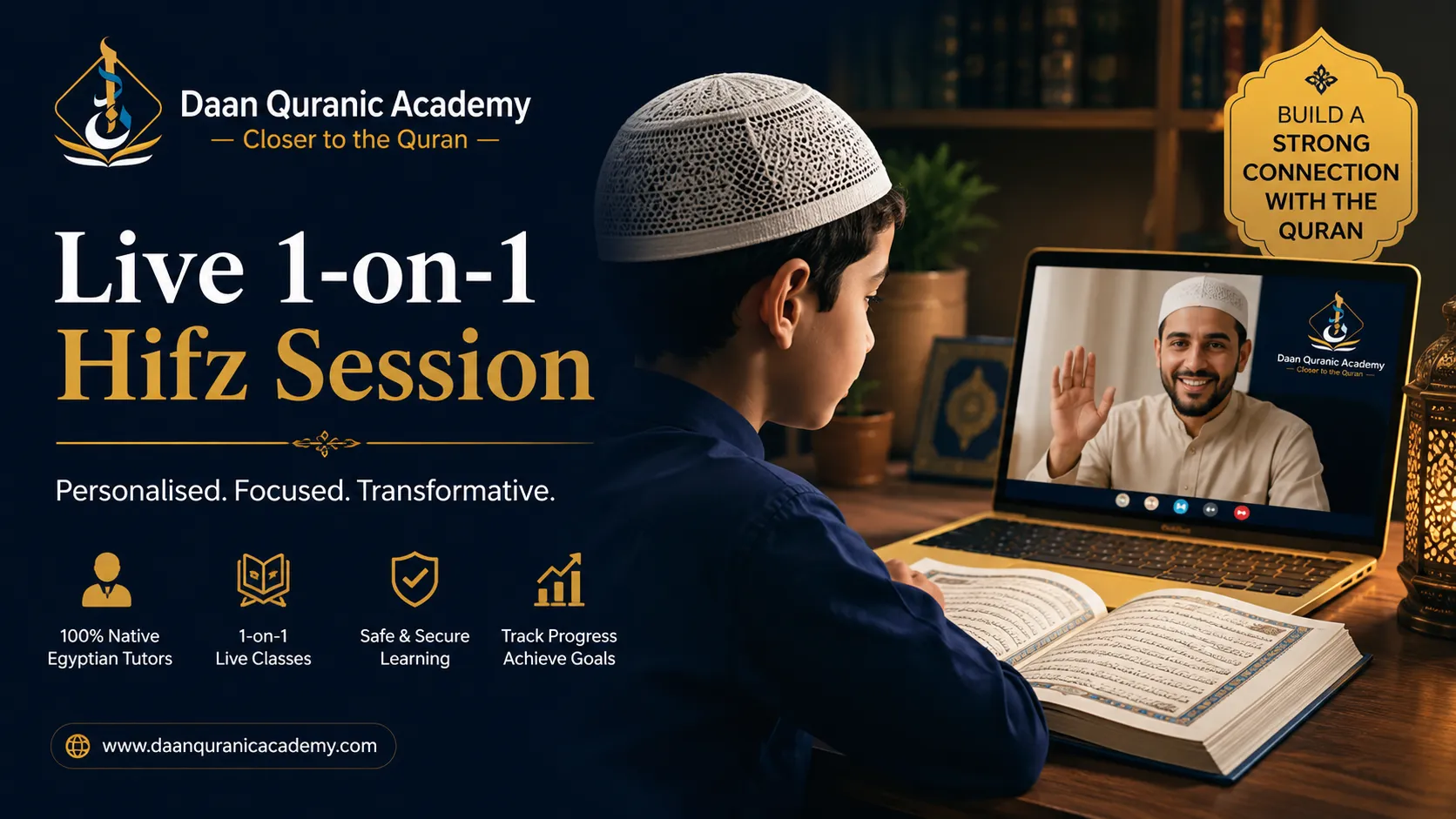 best online Quran Hifz classes — child in a live 1-on-1 memorisation session with a certified native Egyptian tutor