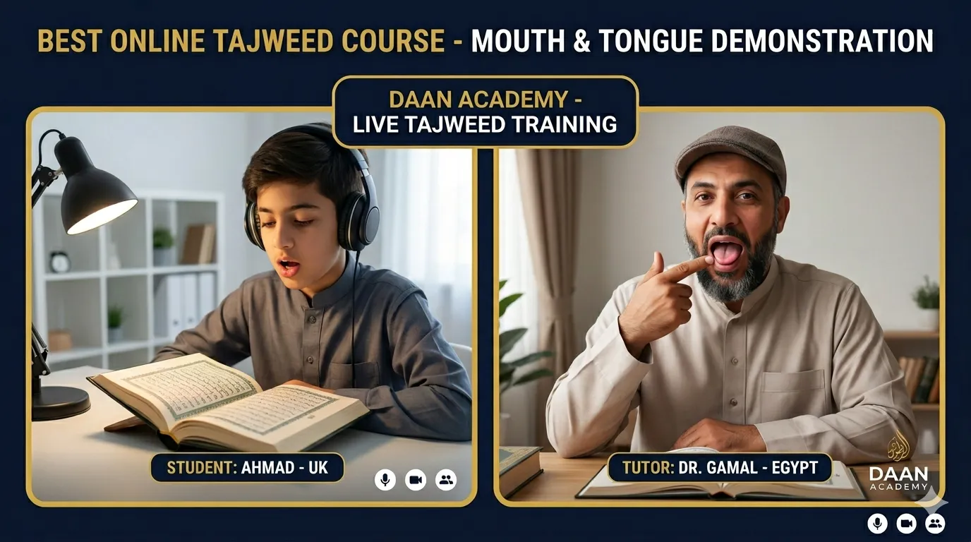 best online tajweed course 2026 — student learning proper articulation points with a certified native Egyptian tutor in a live one-on-one session