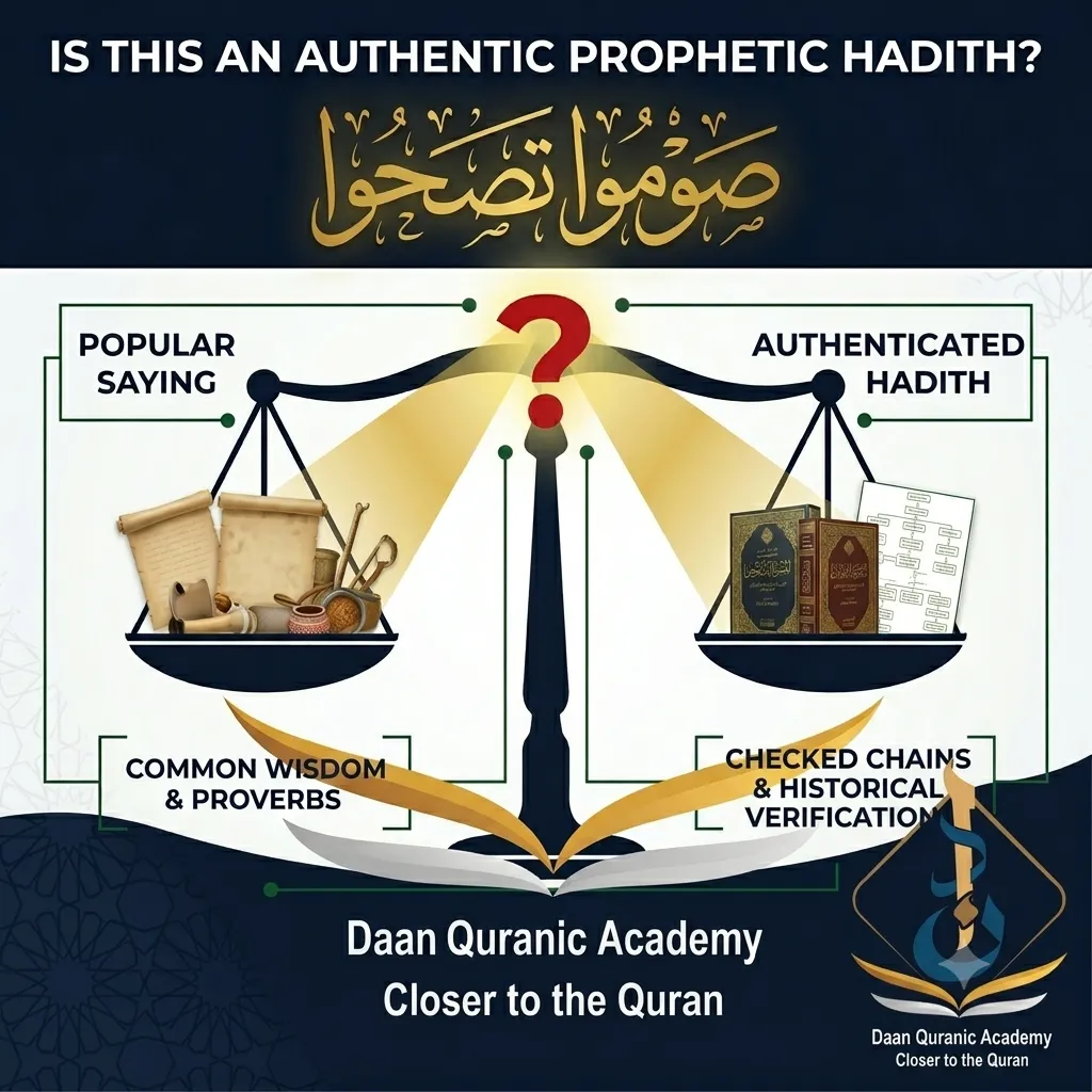 fast and be healthy hadith authenticity — Arabic phrase صوموا تصحوا shown with scholarly question about its authentication status