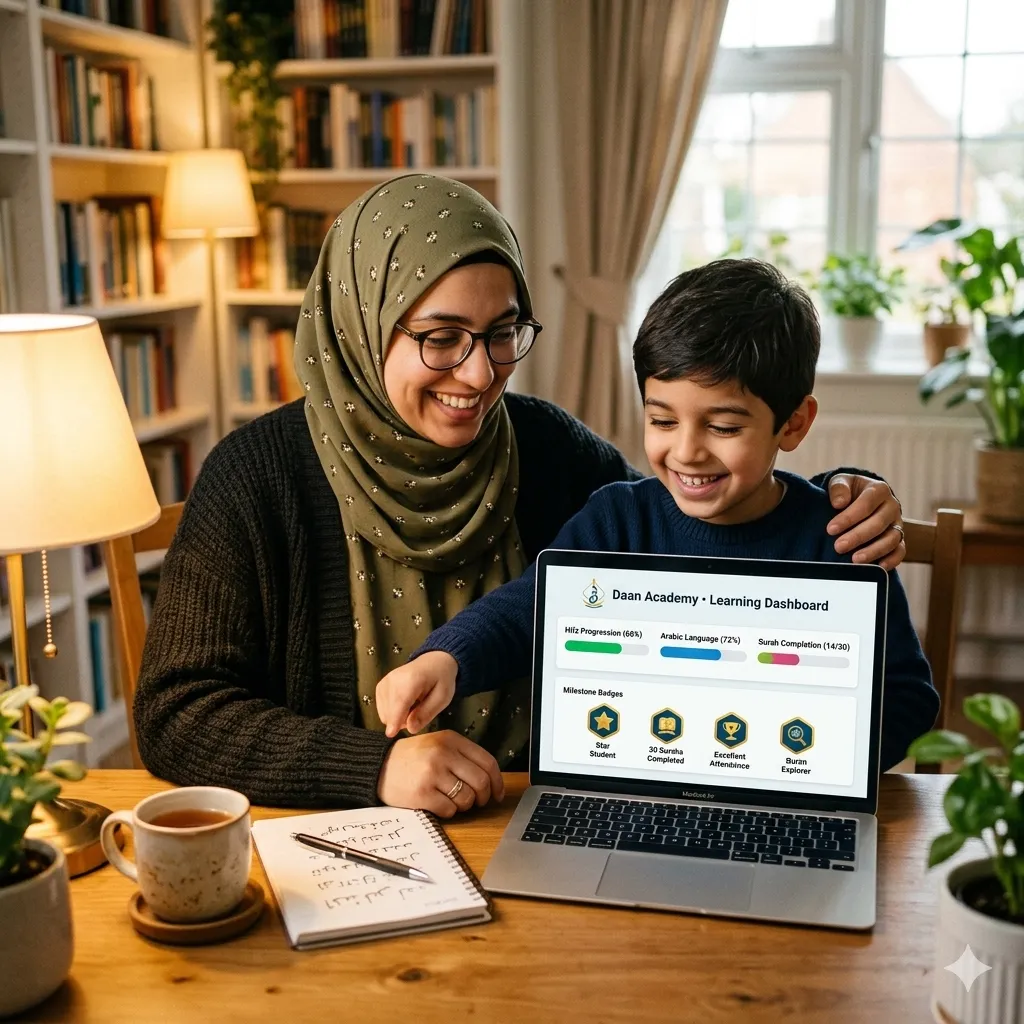 parent and child reviewing progress in their Modern Standard Arabic course on the Daan Academy student dashboard