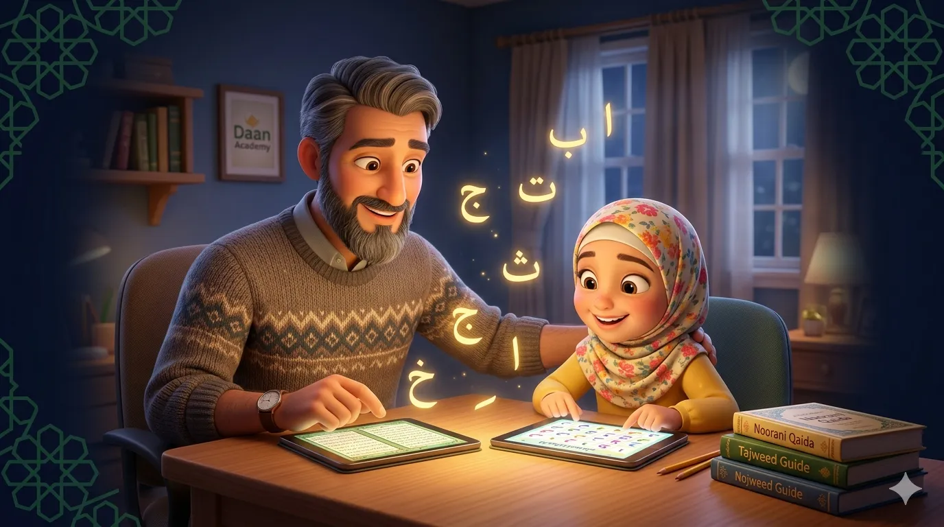 parent and child learning noorani qaida together online — family Quran education at Daan Academy