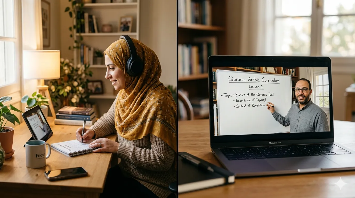 online quranic arabic classes — adult student learning Quranic vocabulary in a live 1-on-1 session with a certified native Egyptian tutor