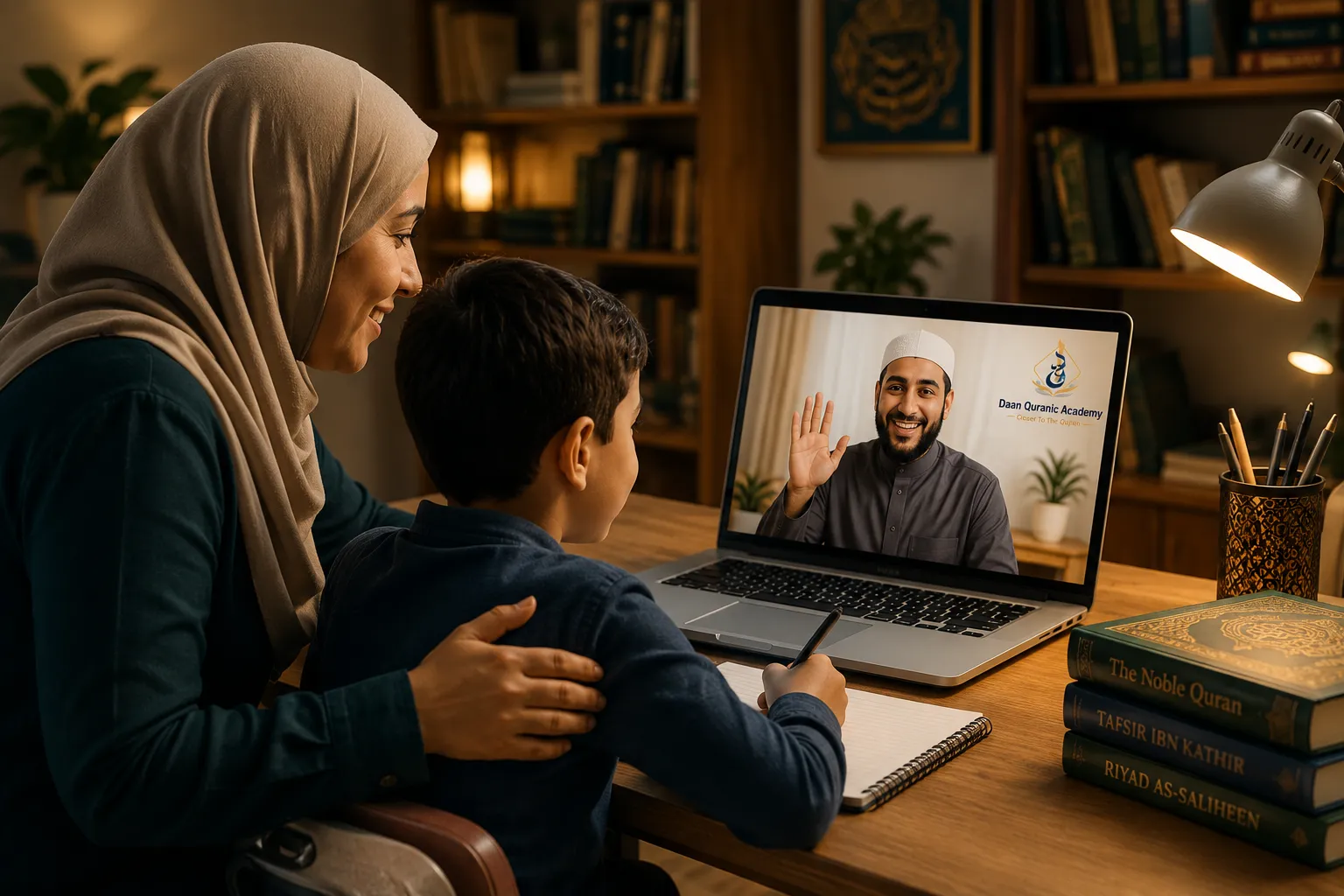 parent and child starting online Quran class together — safe supervised learning at home