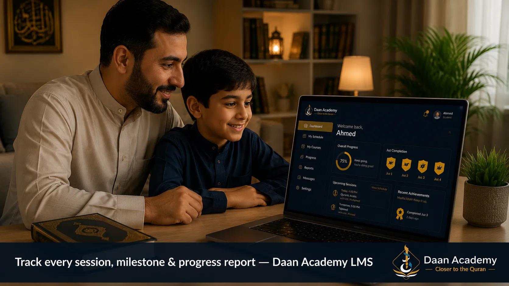 parent and child reviewing online quran arabic lessons progress on Daan Academy student dashboard — family learning together