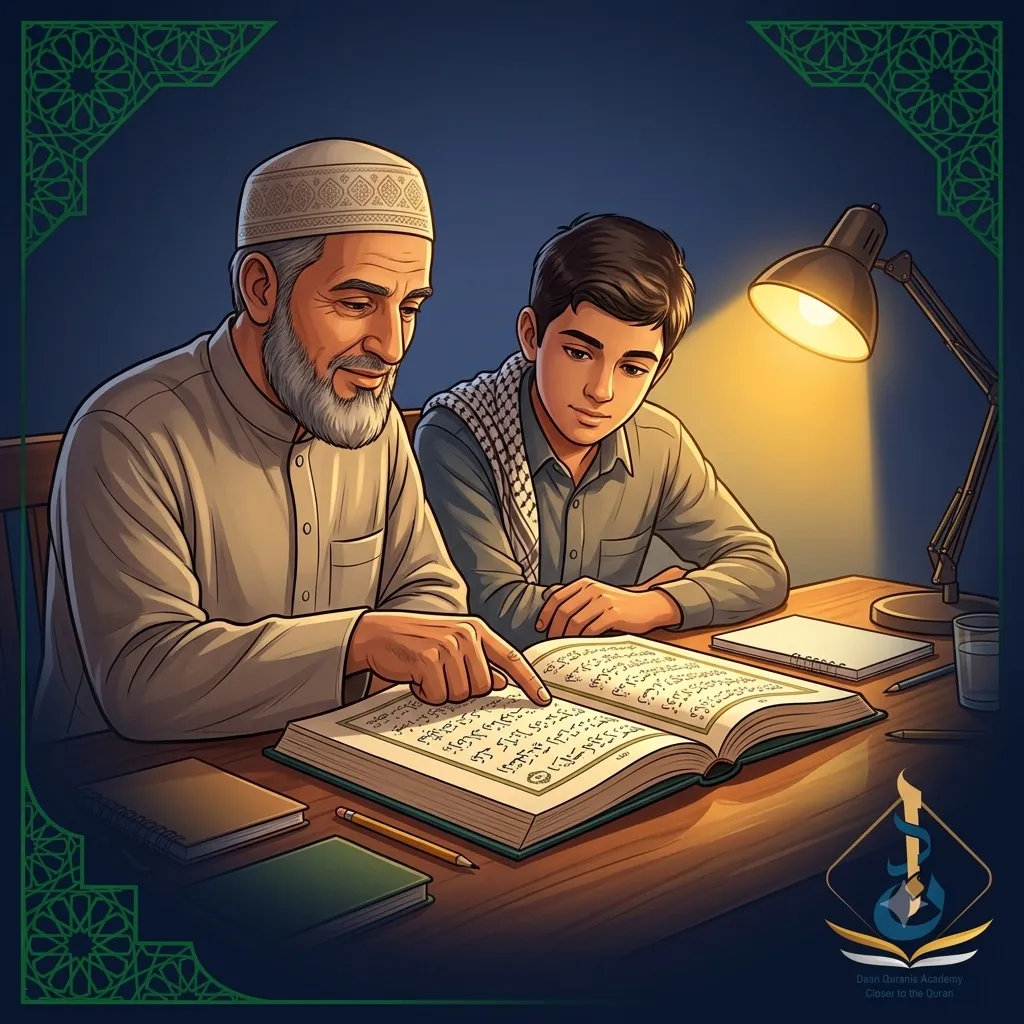 parent teaching child the 5 pillars of Islam and pillars of faith — Islamic studies at home with Quran and textbook