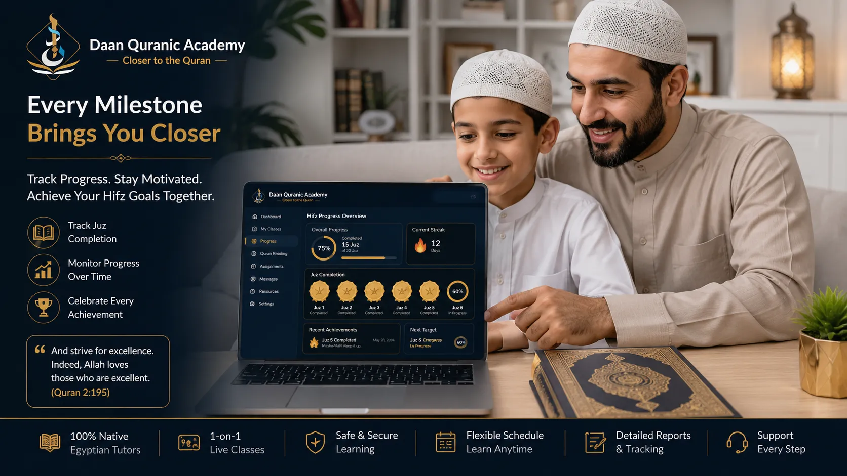 parent and child reviewing Quran Hifz milestones on Daan Academy student dashboard — best online Hifz program progress tracking
