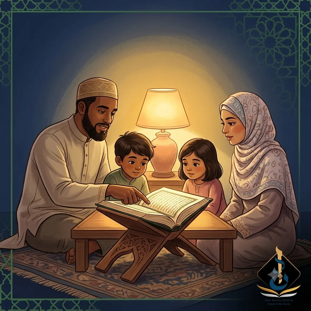 Muslim family living the best of people hadith by studying Quran together — parents teaching children to be most beneficial through Quranic education