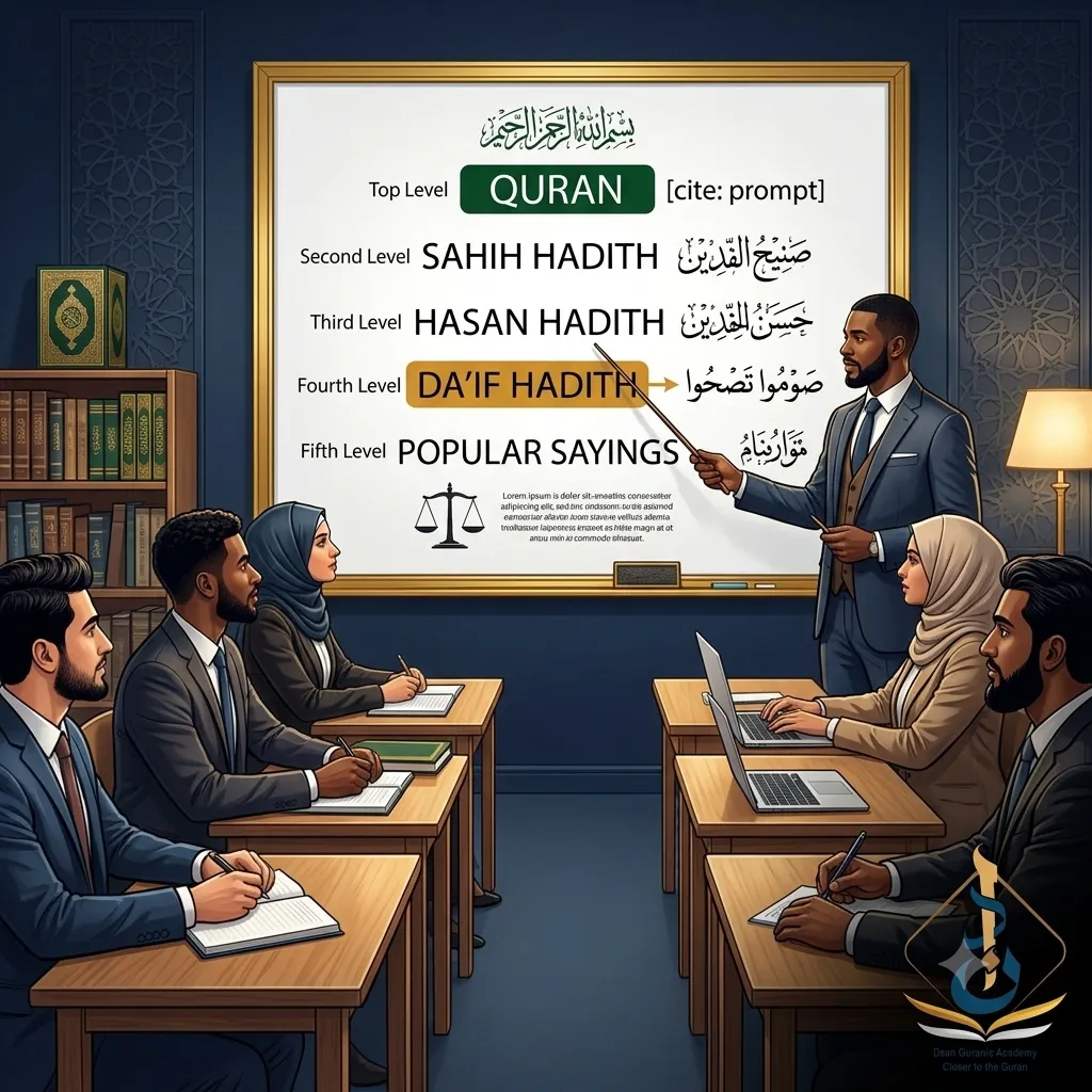 teaching fasting hadith authenticity — Islamic evidence hierarchy showing where the fast and be healthy hadith falls compared to Quran and authentic hadith