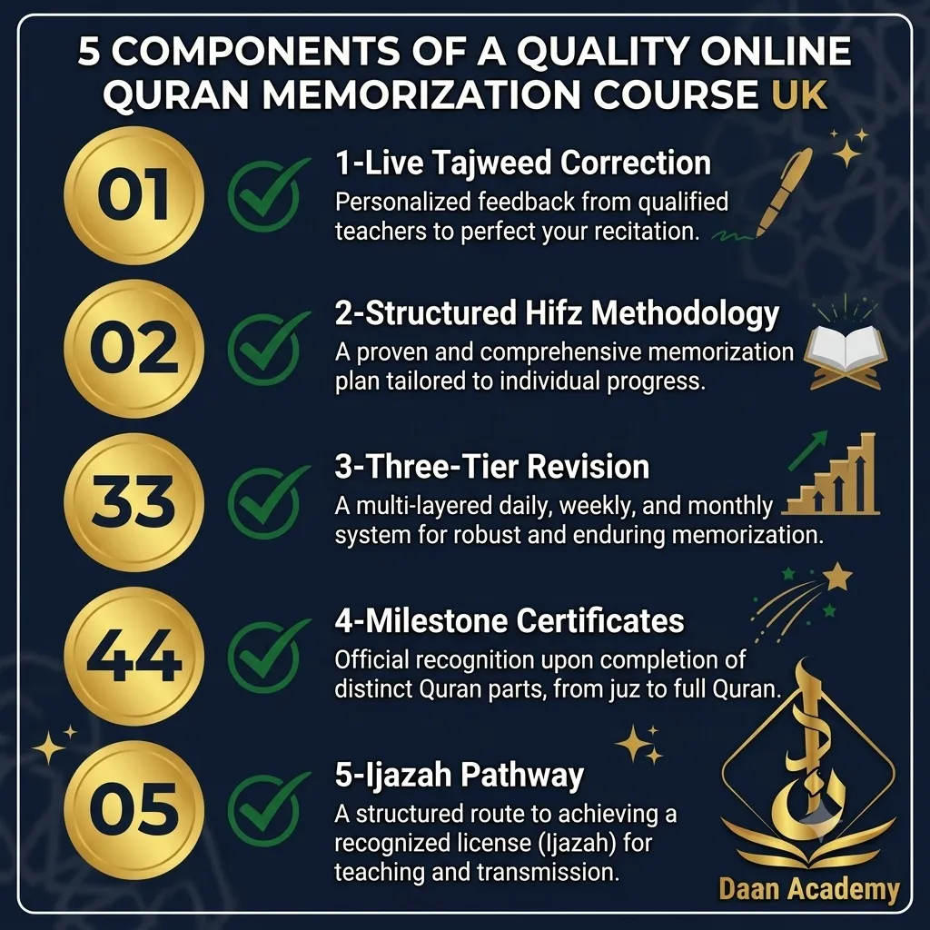 online quran memorization course UK — 5-component infographic showing Tajweed correction, Hifz methodology, revision system, certificates and Ijazah pathway