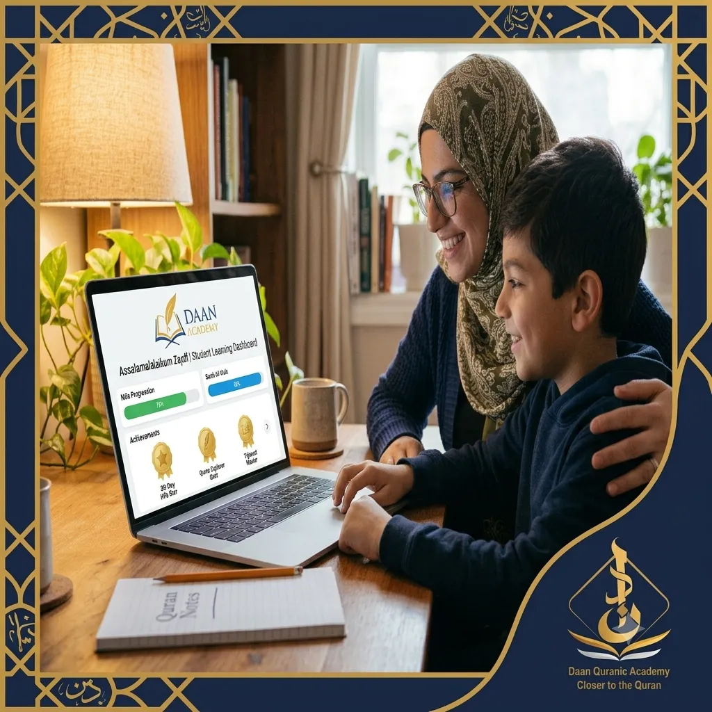 parent and child reviewing Quran Hifz progress on the Daan Academy Smart Dashboard — online Hifz program UK tracking milestones and session reports