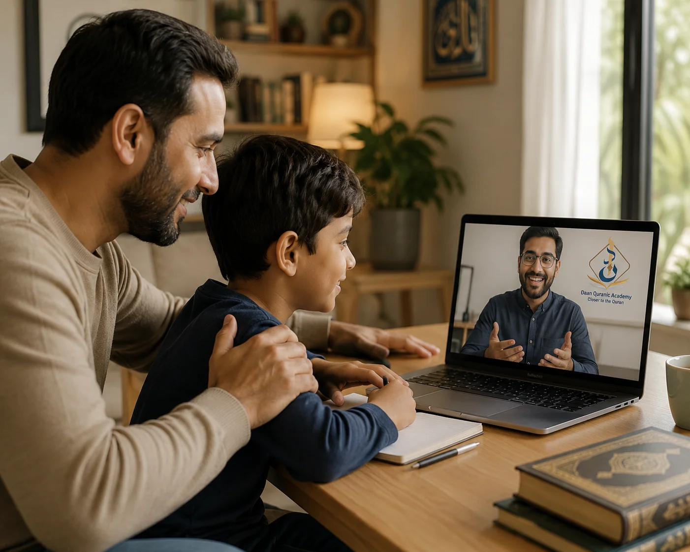 how many sujood in quran — parent and child reviewing Quran and Tajweed progress on Daan Academy dashboard during an online session