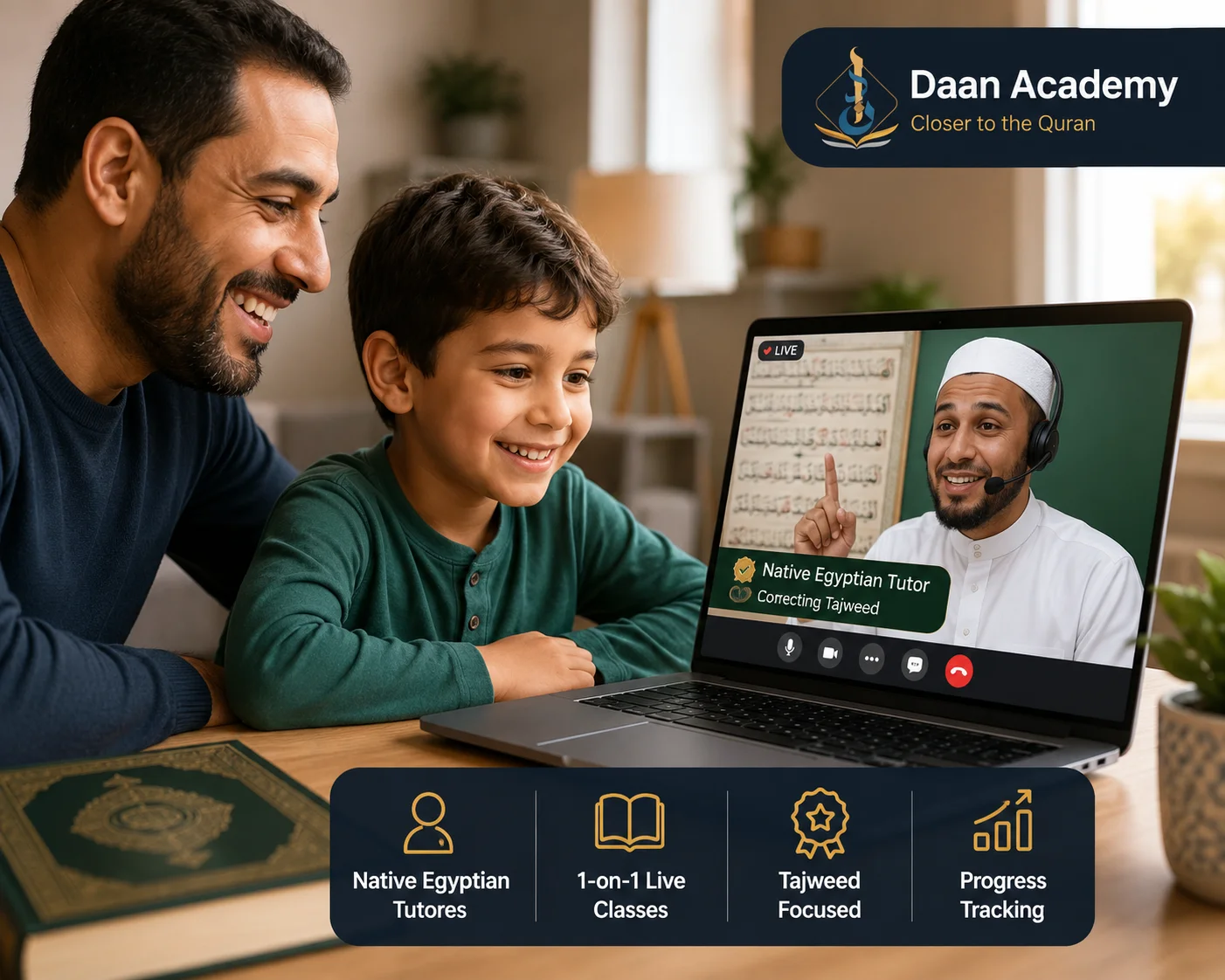 juz amma how many surahs — parent and child in a live online Quran class with a native Egyptian tutor learning all 37 surahs