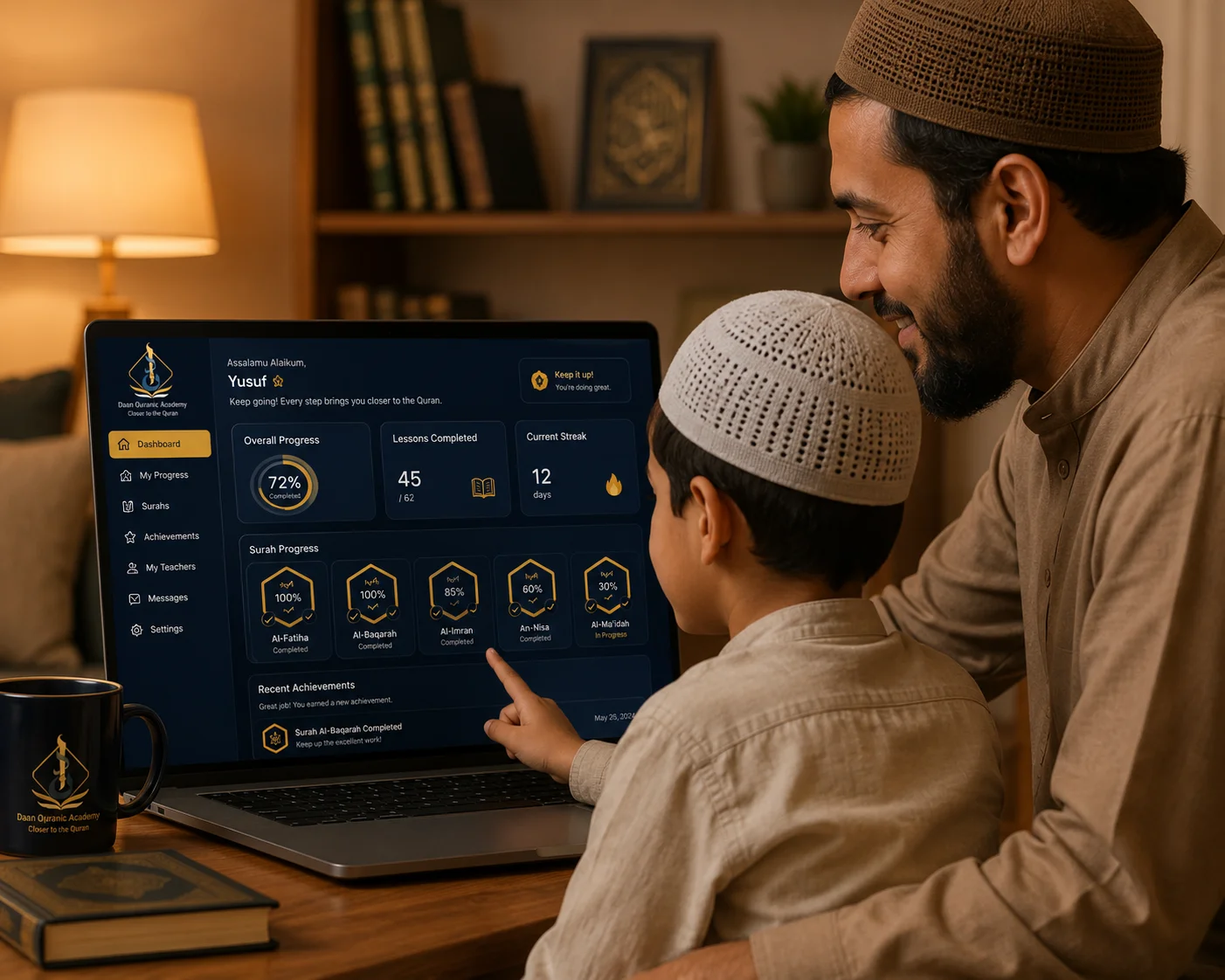 parent and child reviewing Quran progress report on Daan Academy dashboard