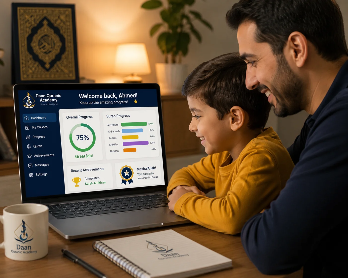 parent and child reviewing Quran and dua progress report on Daan Academy learning dashboard