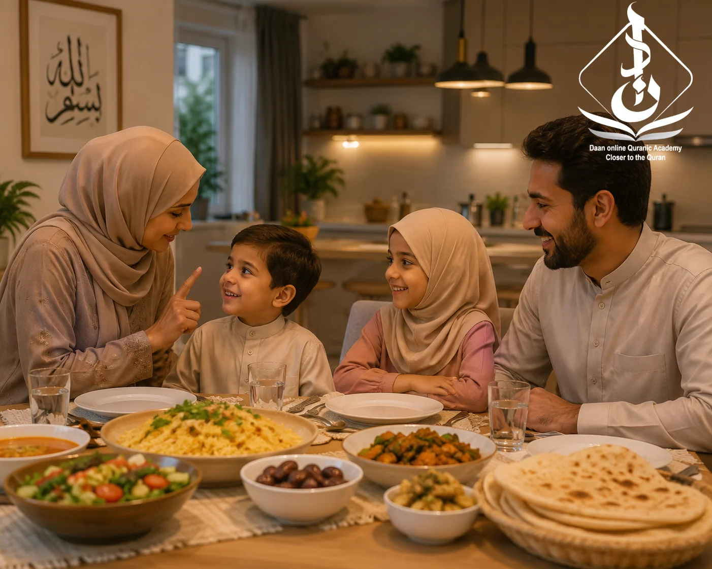 duas after eating and dua before eating — Muslim family saying Bismillah together at the dinner table
