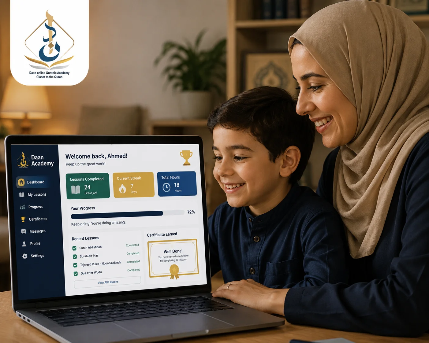 parent and child reviewing Islamic studies progress report on Daan Academy student dashboard