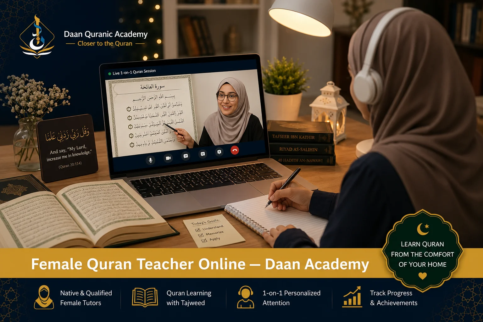 female Quran teacher online — Muslim sister in a live 1-on-1 Quran session with a certified native Egyptian female tutor via video call