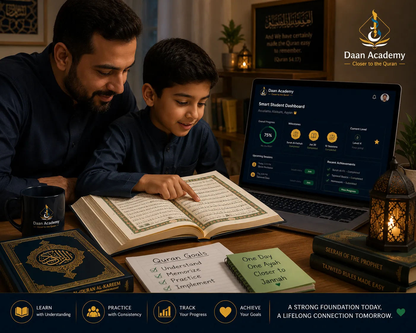 parent and child reading Quran pages together with Daan Academy student dashboard showing reading progress