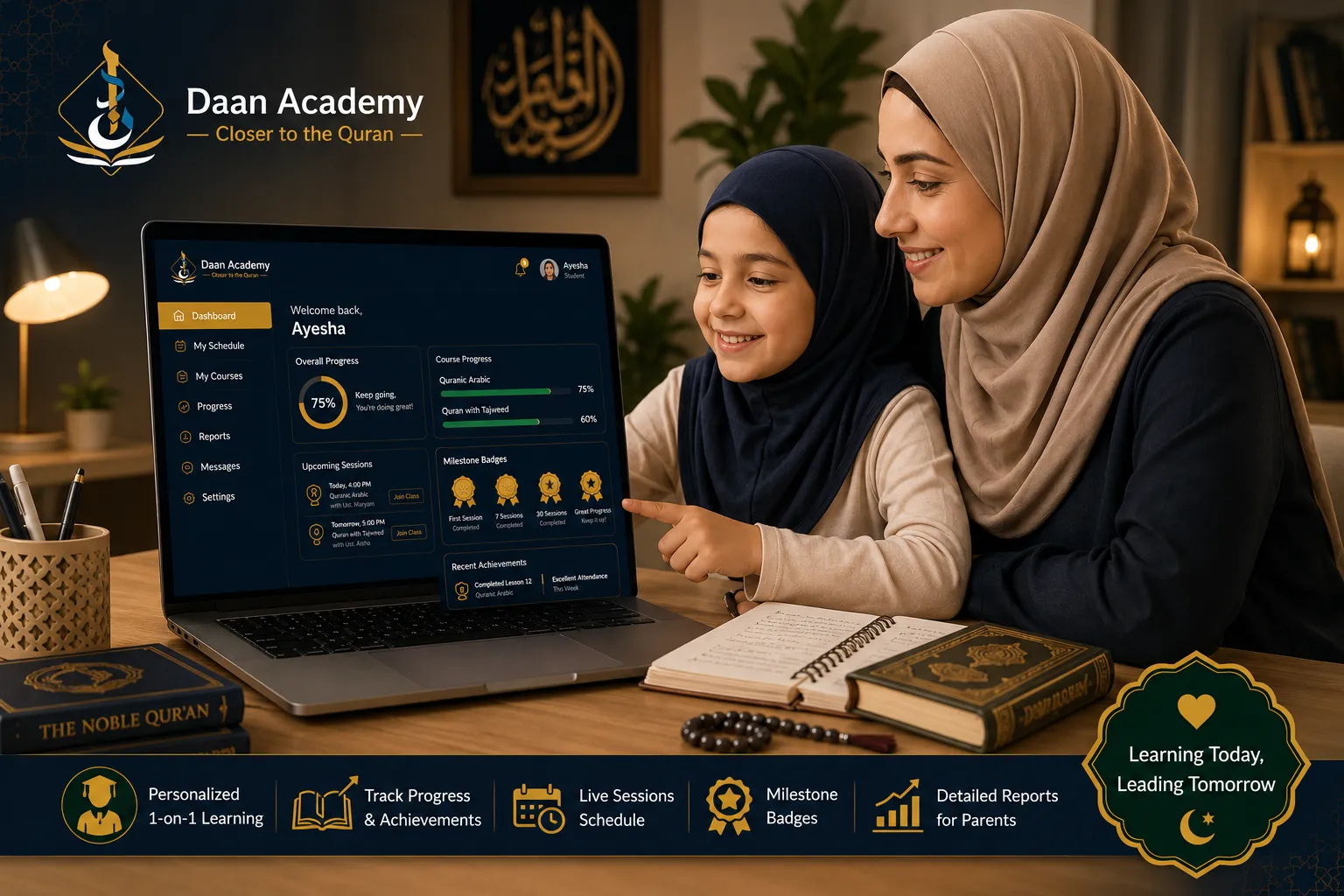Muslim mother and daughter reviewing progress with their female Quran teacher online on the Daan Academy Smart Student Dashboard