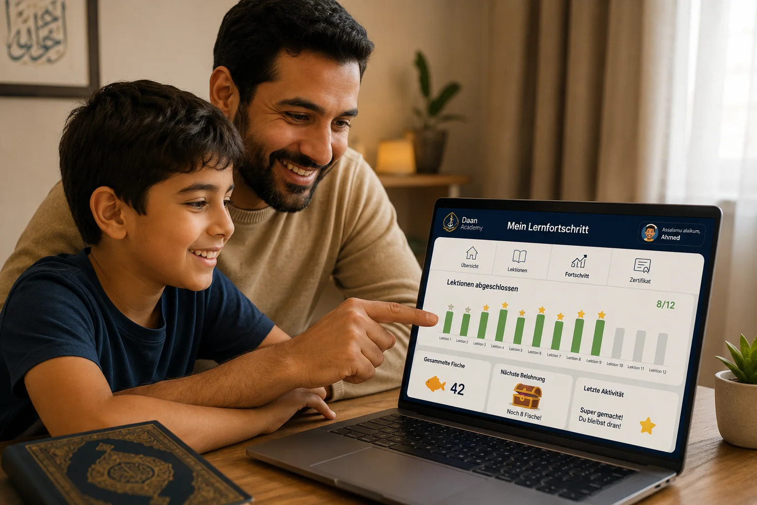 parent and child reviewing Quran memorization progress report on the Daan Academy student dashboard
