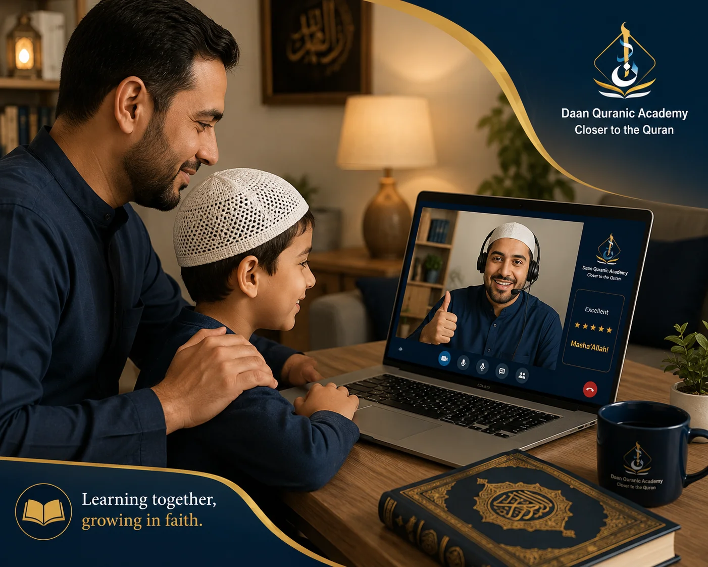 parent and child reviewing Tajweed progress report on Daan Academy student dashboard