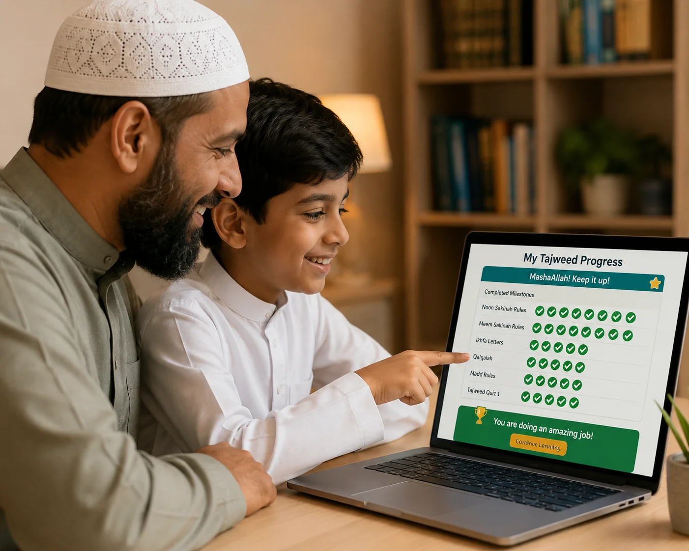 parent and child reviewing Quran progress report on Daan Academy dashboard