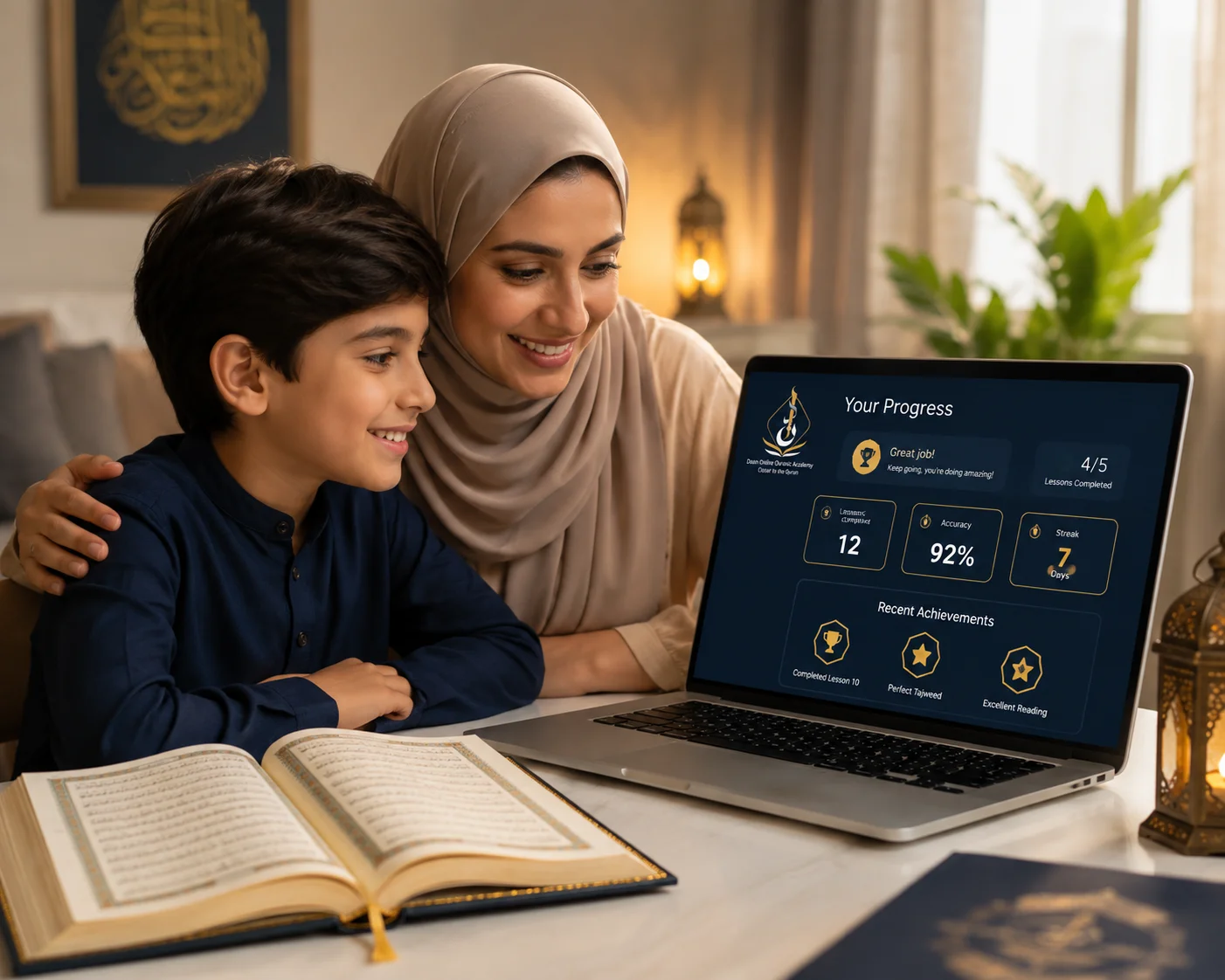 parent and child reviewing Quran Tajweed progress report on Daan Academy dashboard