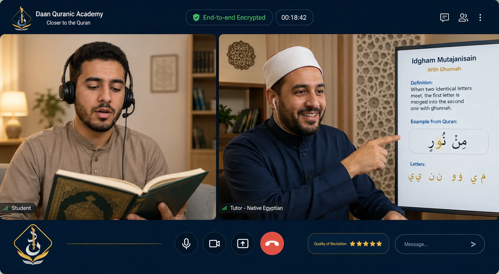 free trial tajweed classes — student receiving live pronunciation feedback from native Egyptian tutor on video call