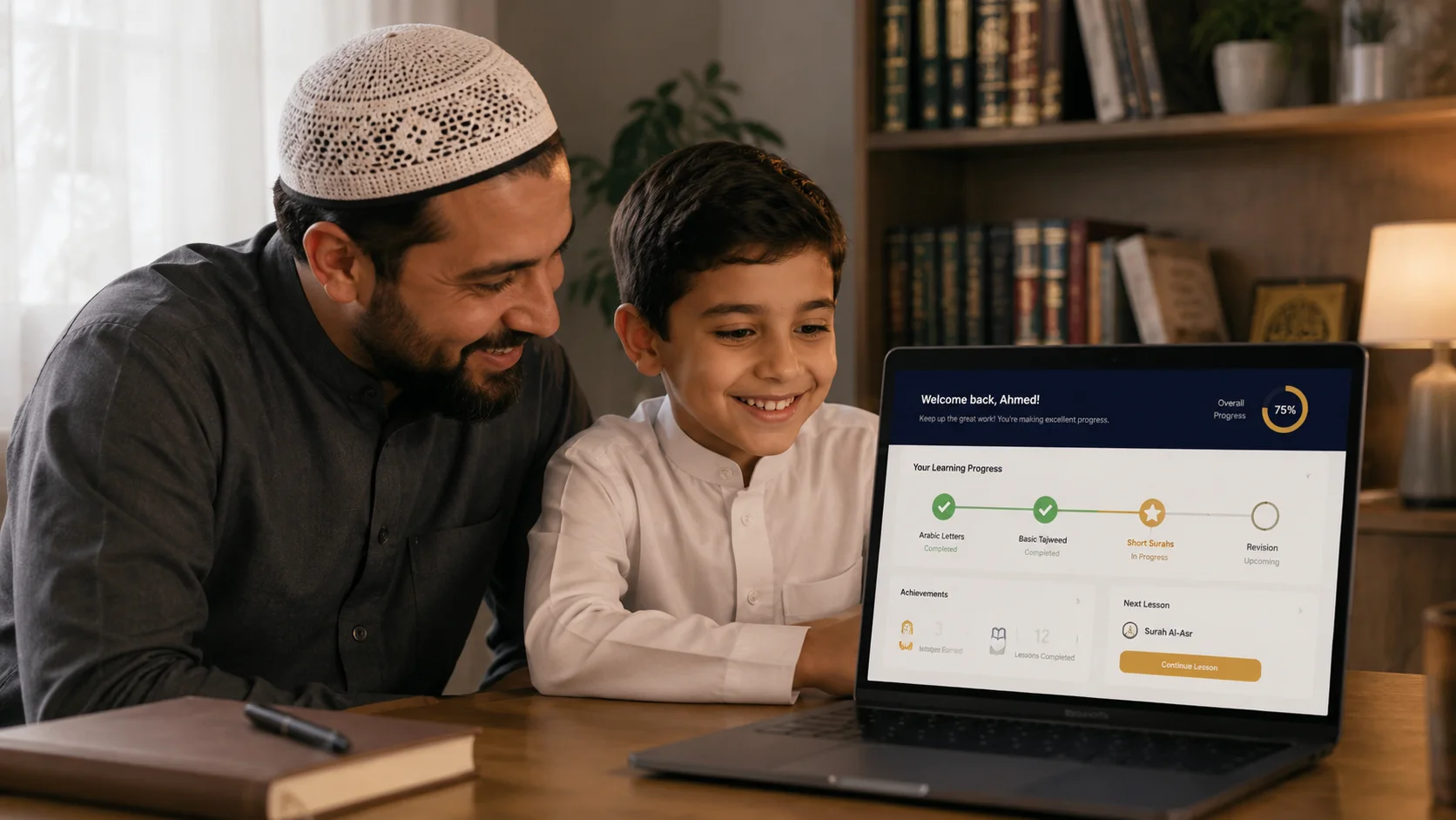 parent and child reviewing Quran progress report on Daan Academy dashboard