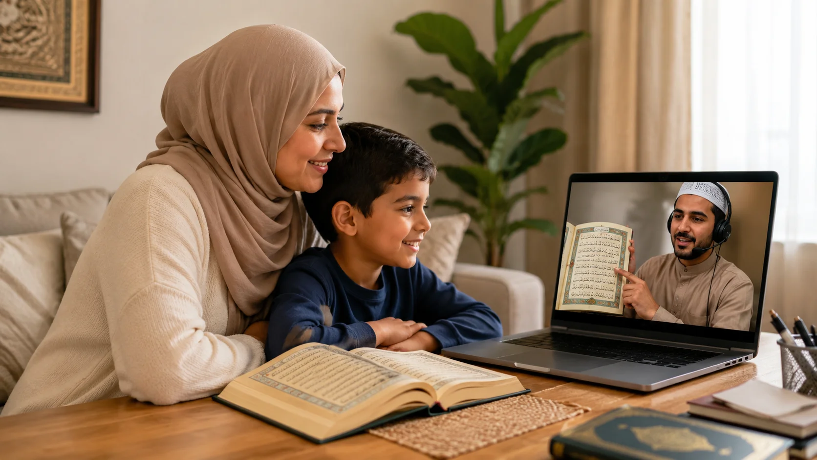 parent and child practicing idgham in tajweed together during a live online Quran class