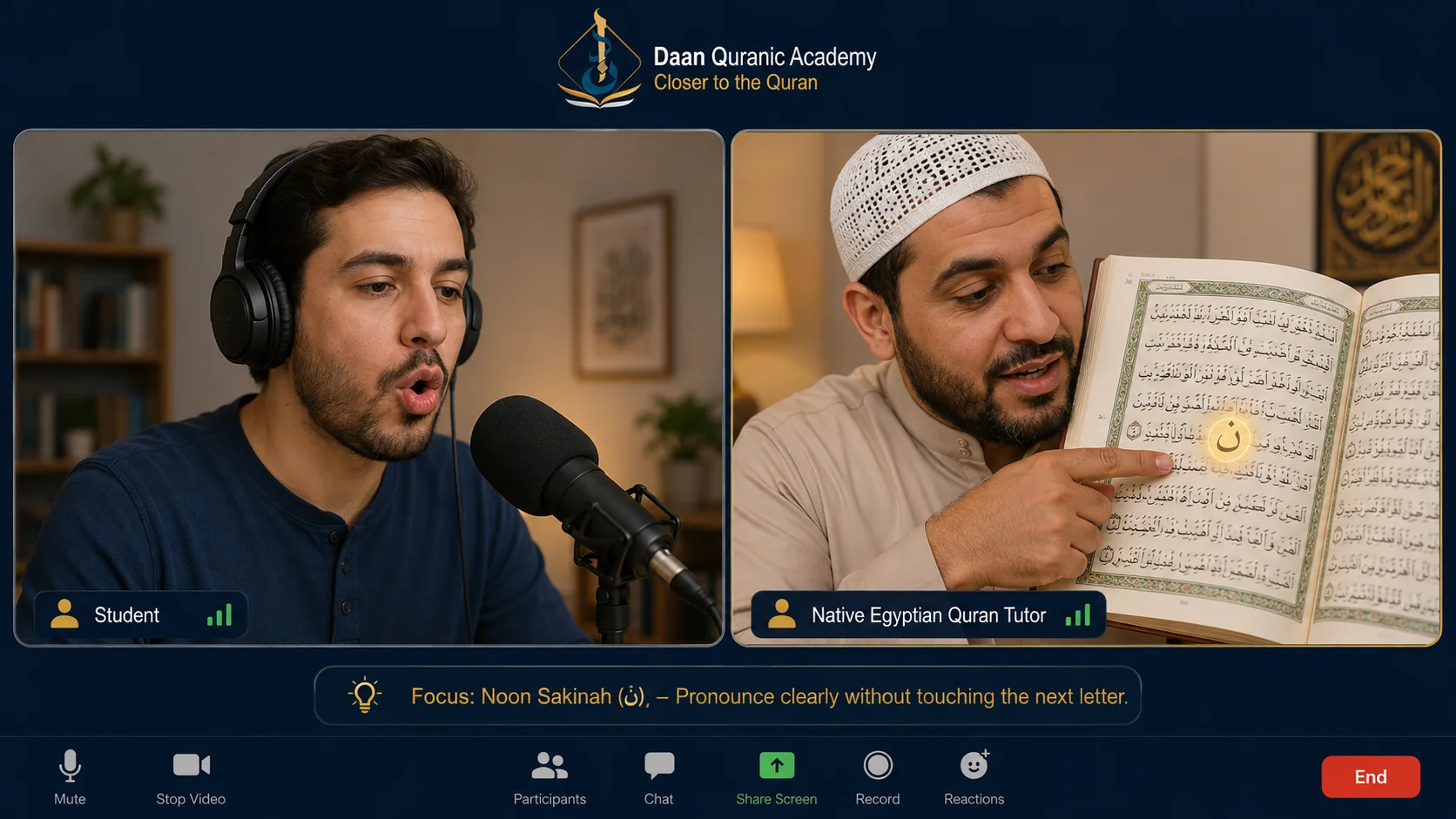 rules of izhar in tajweed — student practicing throat letter pronunciation with native Egyptian Quran tutor online