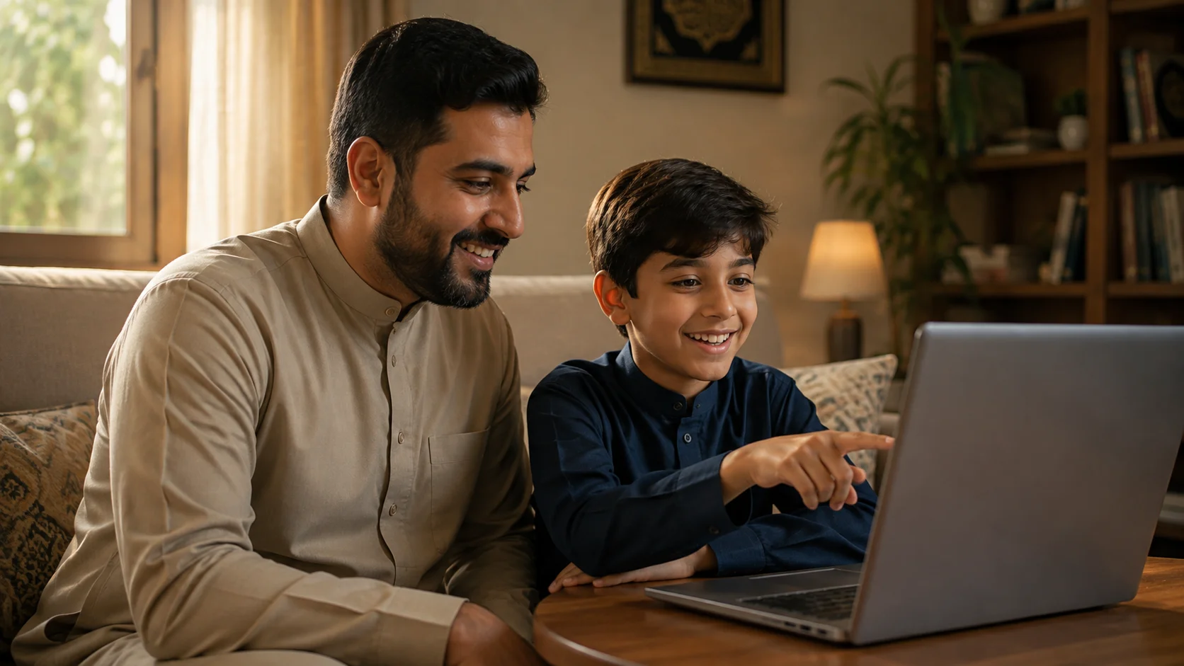 parent and child reviewing Tajweed progress report on Daan Academy student dashboard