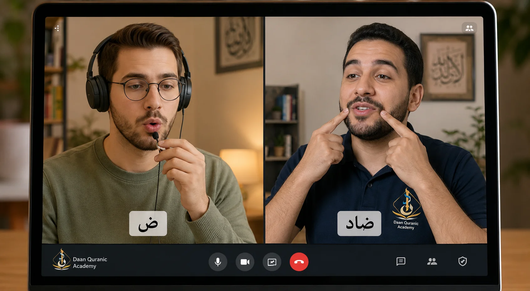 articulation points tajweed — student learning Makharij Al-Huruf with native Egyptian tutor on video call