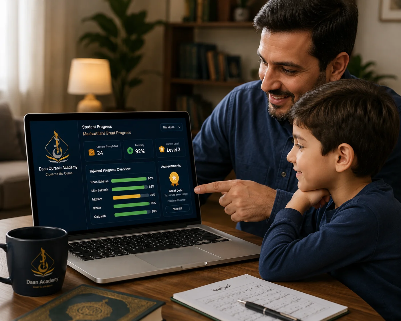 free trial tajweed classes for kids — parent and child reviewing Tajweed progress report on Daan Academy dashboard