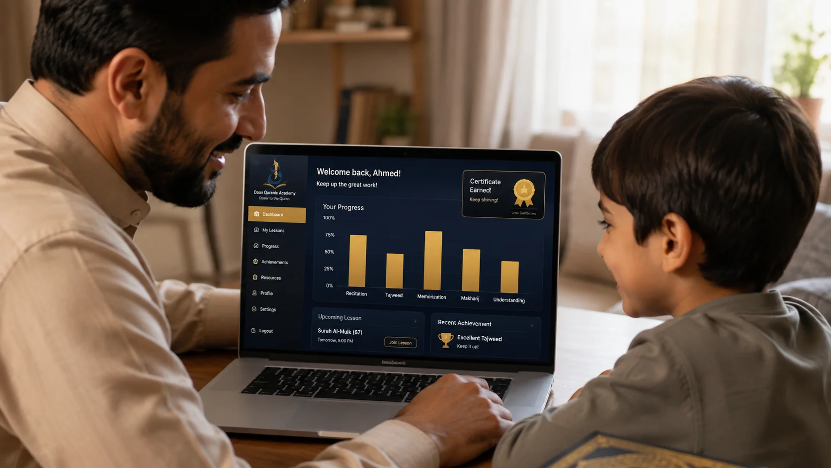 parent and child reviewing Tajweed progress report on Daan Academy student dashboard