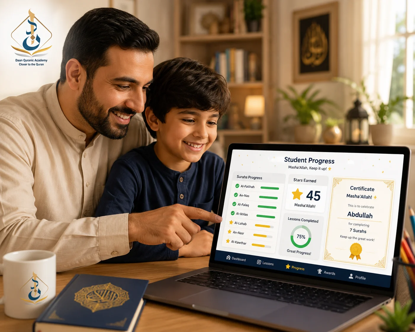 parent and child reviewing Quran Tajweed progress report on Daan Academy dashboard