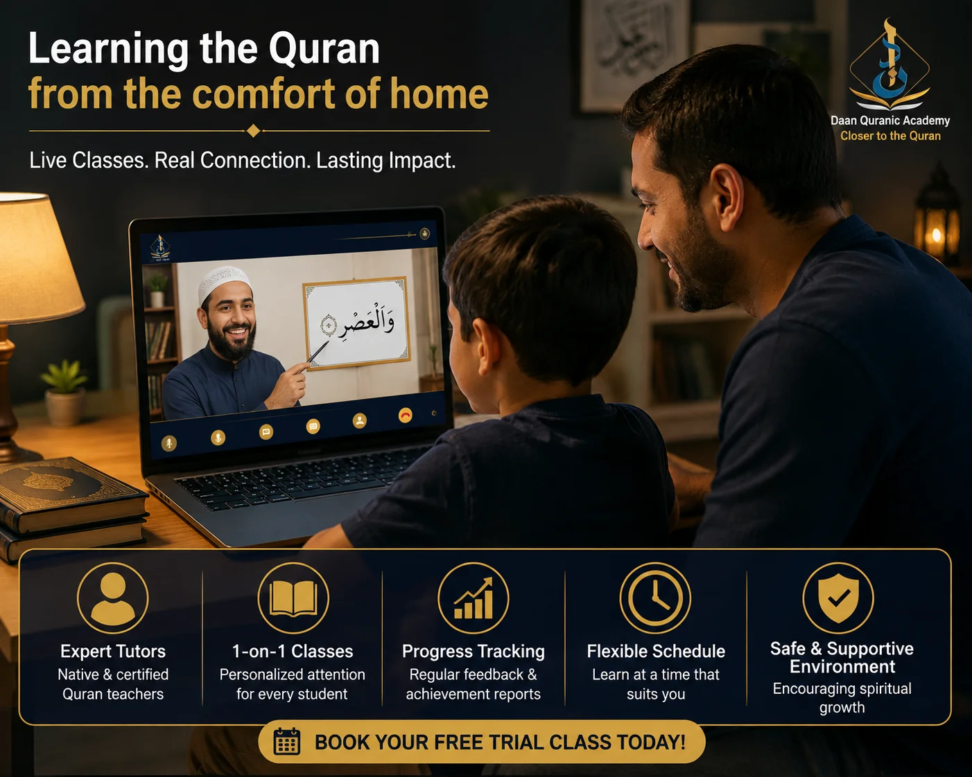 parent and child reviewing Quran progress report on Daan Academy dashboard during online Tajweed class