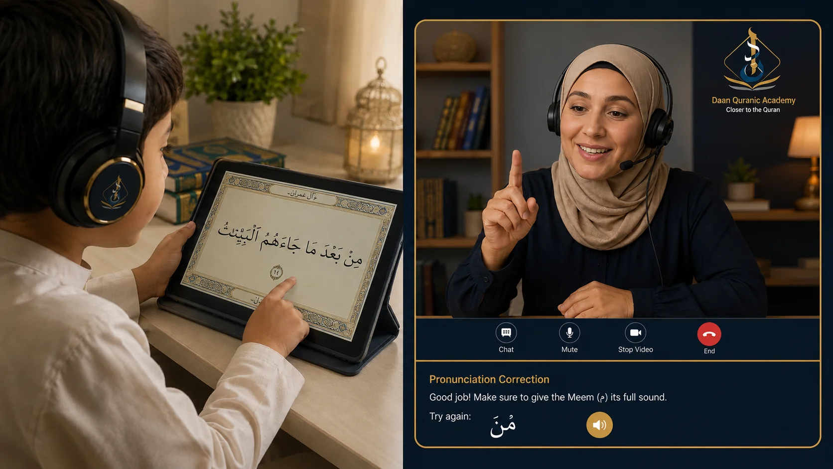 iqlab in tajweed — student and native Egyptian tutor practicing Quran recitation in a live 1-on-1 video session
