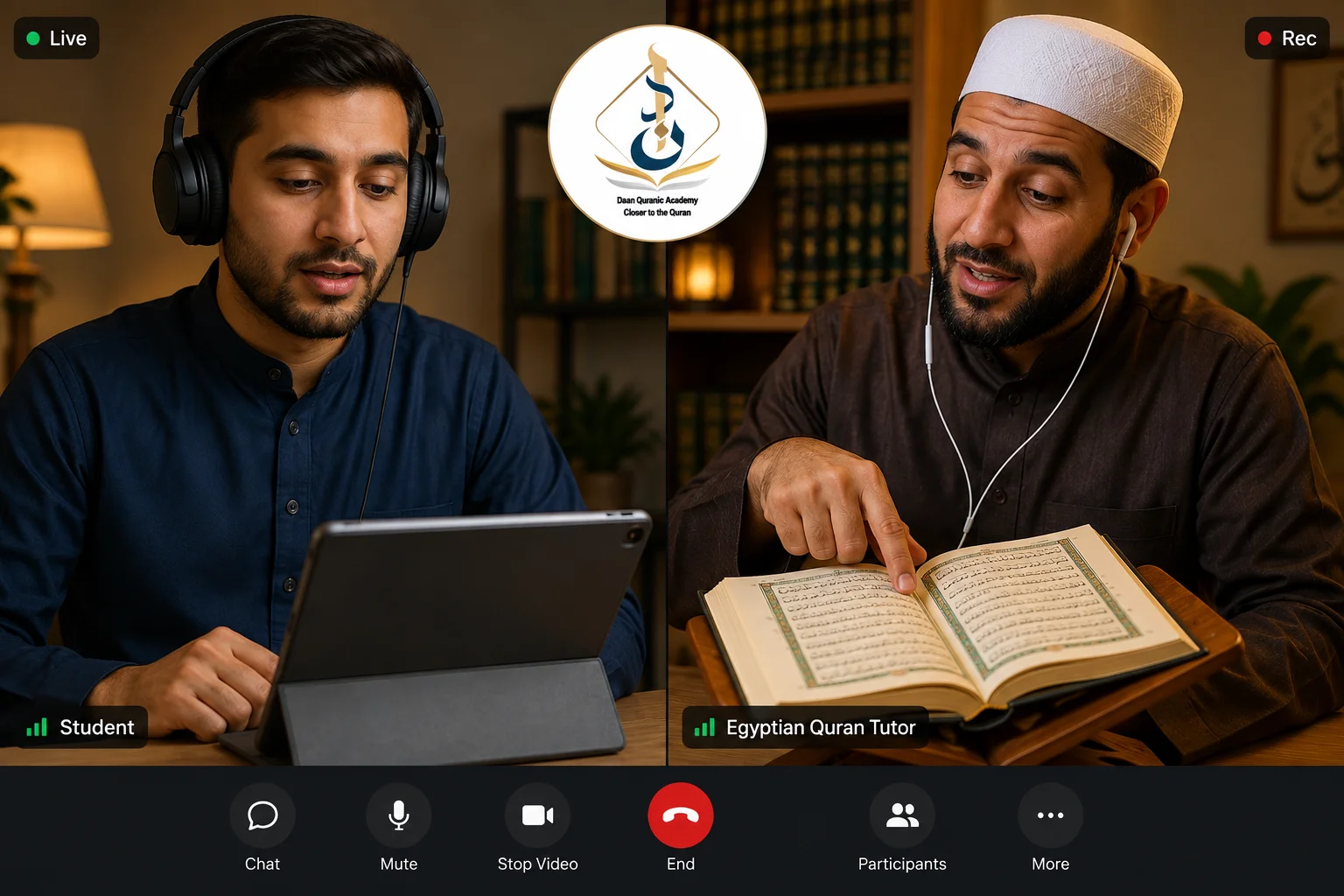online tajweed courses for beginners — student reciting Quran with native Egyptian tutor via live video call