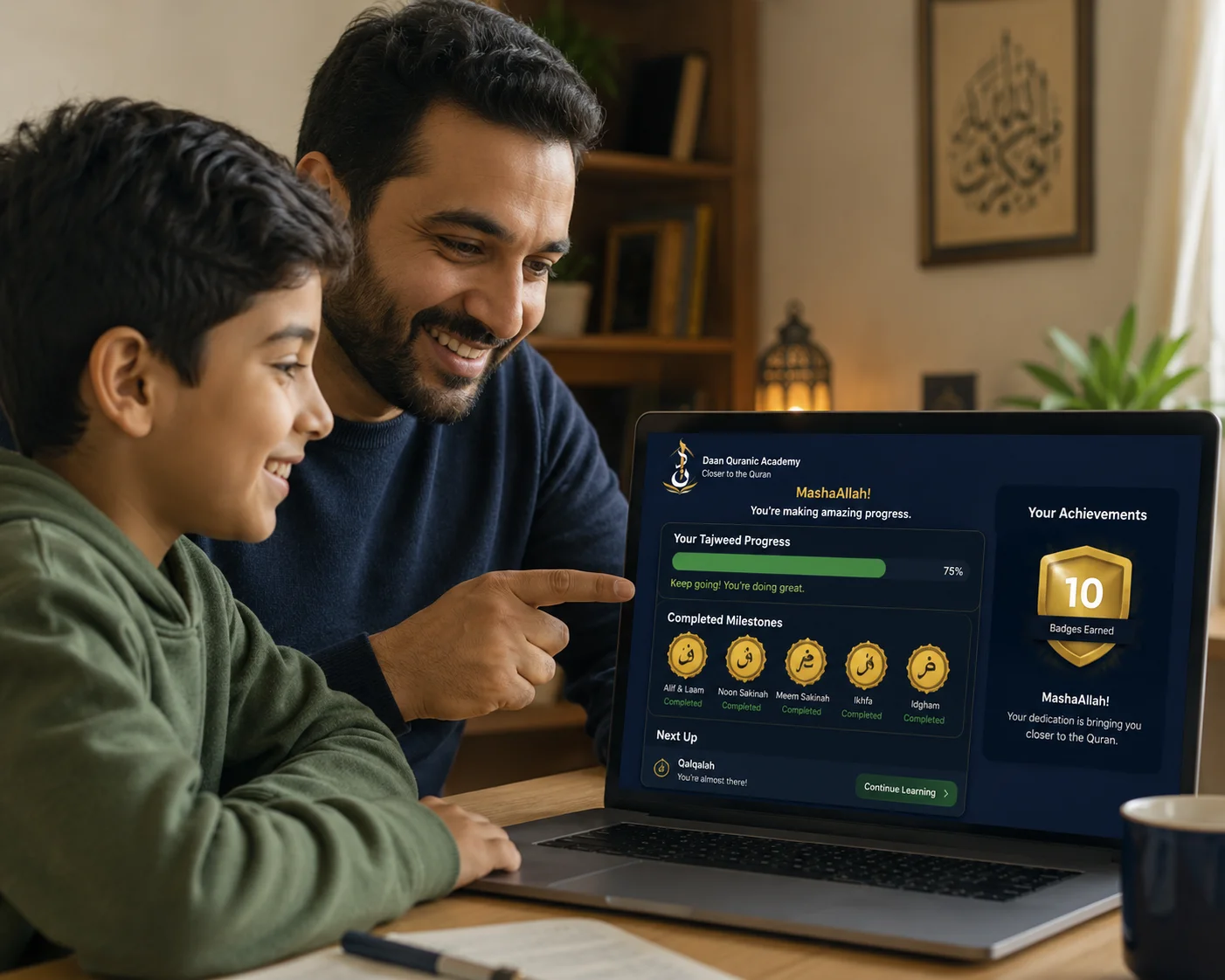 parent and child reviewing Quran progress report on Daan Academy dashboard after completing laam sakinah lessons
